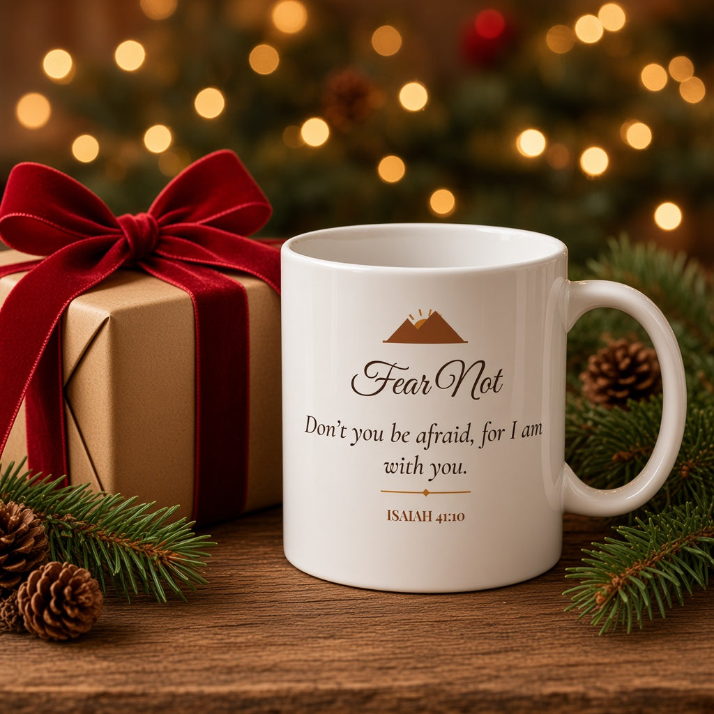 Isaiah 41:10 Fear Not Bible verse mug beside a wrapped Christmas gift and pine