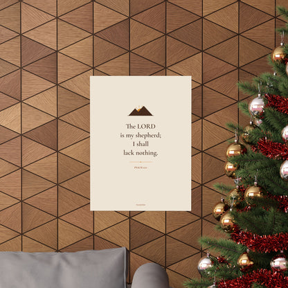 Psalm 23:1 Bible verse poster on a wood wall beside a Christmas tree
