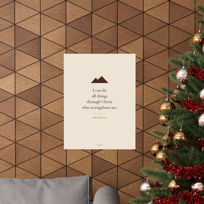 Philippians 4:13 Bible verse poster on a wood wall beside a Christmas tree