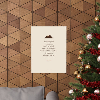 Joshua 1:9 Bible verse poster on a wood wall beside a Christmas tree