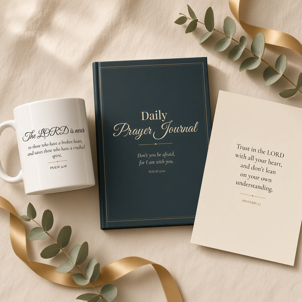 Comfort Gift Set flat-lay: Psalm 34:18 mug, Daily Prayer Journal and Proverbs 3:5 print together