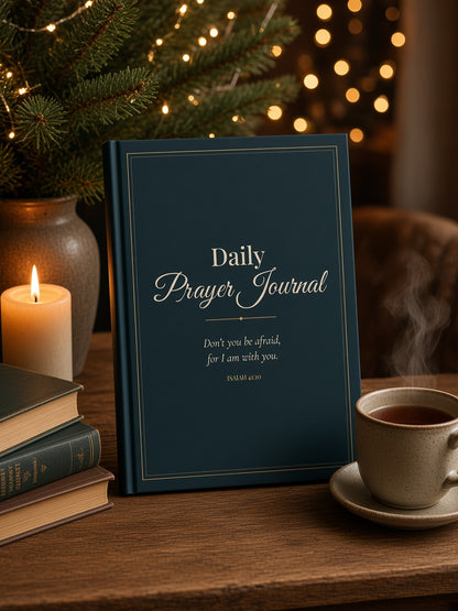 Daily Prayer Journal with Isaiah 41:10 cover beside a candle, tea and Christmas lights