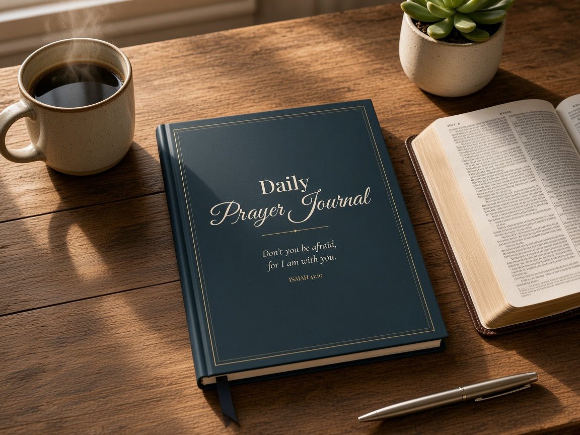 Isaiah 41:10 Daily Prayer Journal on a wooden desk with coffee and an open Bible