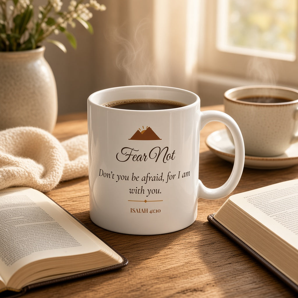 Isaiah 41:10 Fear Not mug on a cozy wooden table beside an open Bible and coffee