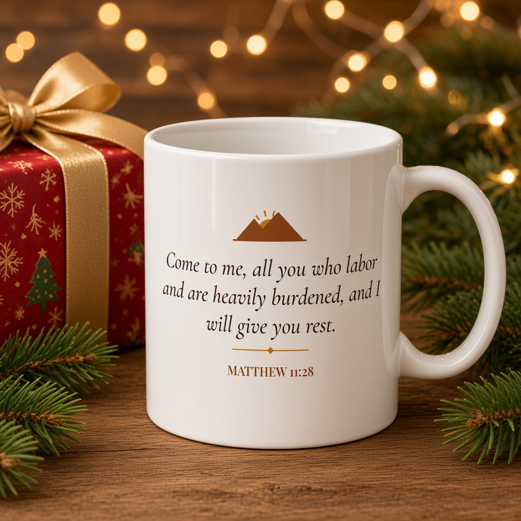 Matthew 11:28 Bible verse mug beside a wrapped Christmas gift and pine branches
