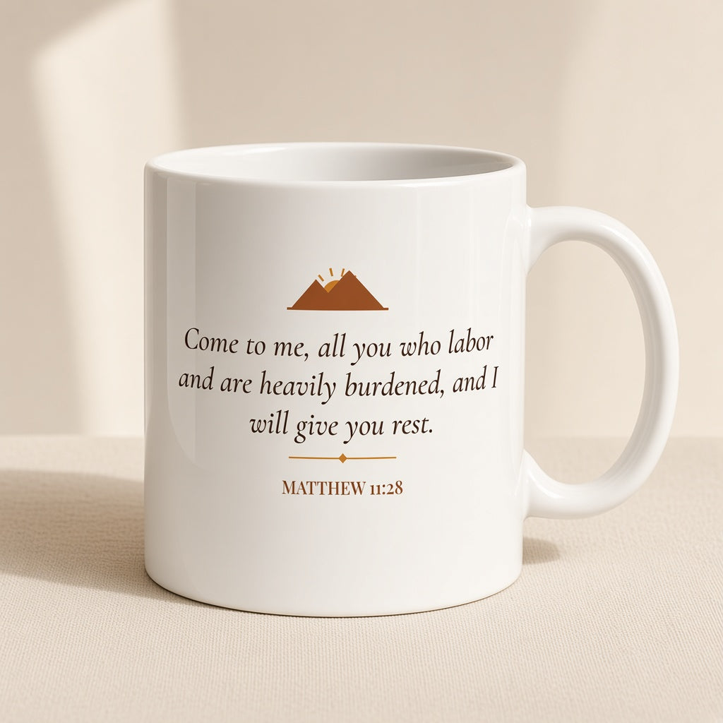 Matthew 11:28 Come to Me mug front view on cream linen