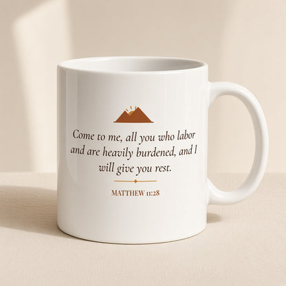 Matthew 11:28 Come to Me mug front view on cream linen