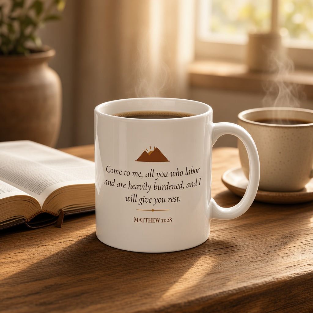 Matthew 11:28 Come to Me mug on a cozy table beside an open Bible and coffee