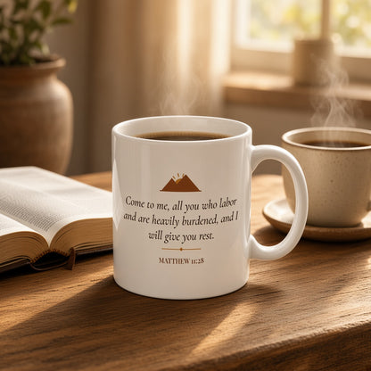 Matthew 11:28 Come to Me mug on a cozy table beside an open Bible and coffee