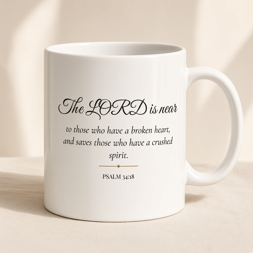 Psalm 34:18 The LORD Is Near mug included in the Morning Devotion Gift Set