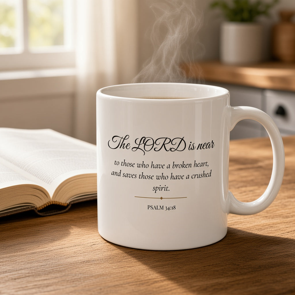 Psalm 34:18 comfort mug on a sunlit kitchen table beside an open Bible