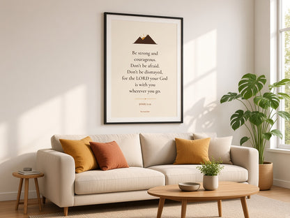 Joshua 1:9 Be Strong and Courageous wall art framed above a living room sofa