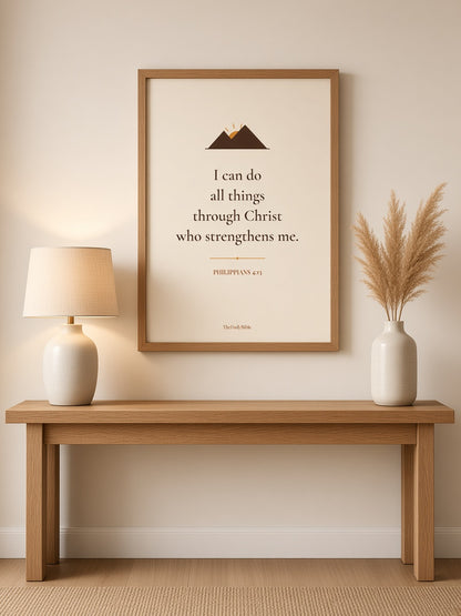 Philippians 4:13 Bible verse print in an oak frame above an entryway table