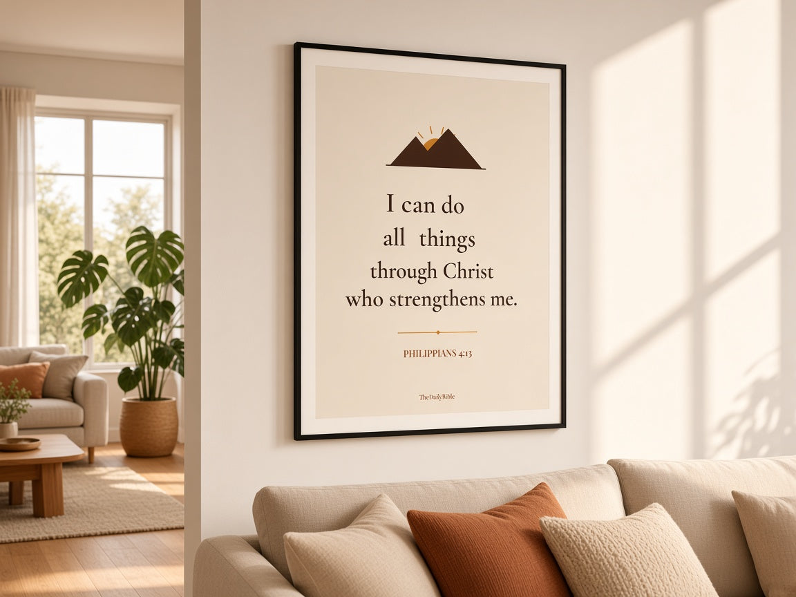 Philippians 4:13 I Can Do All Things wall art framed in a bright living room