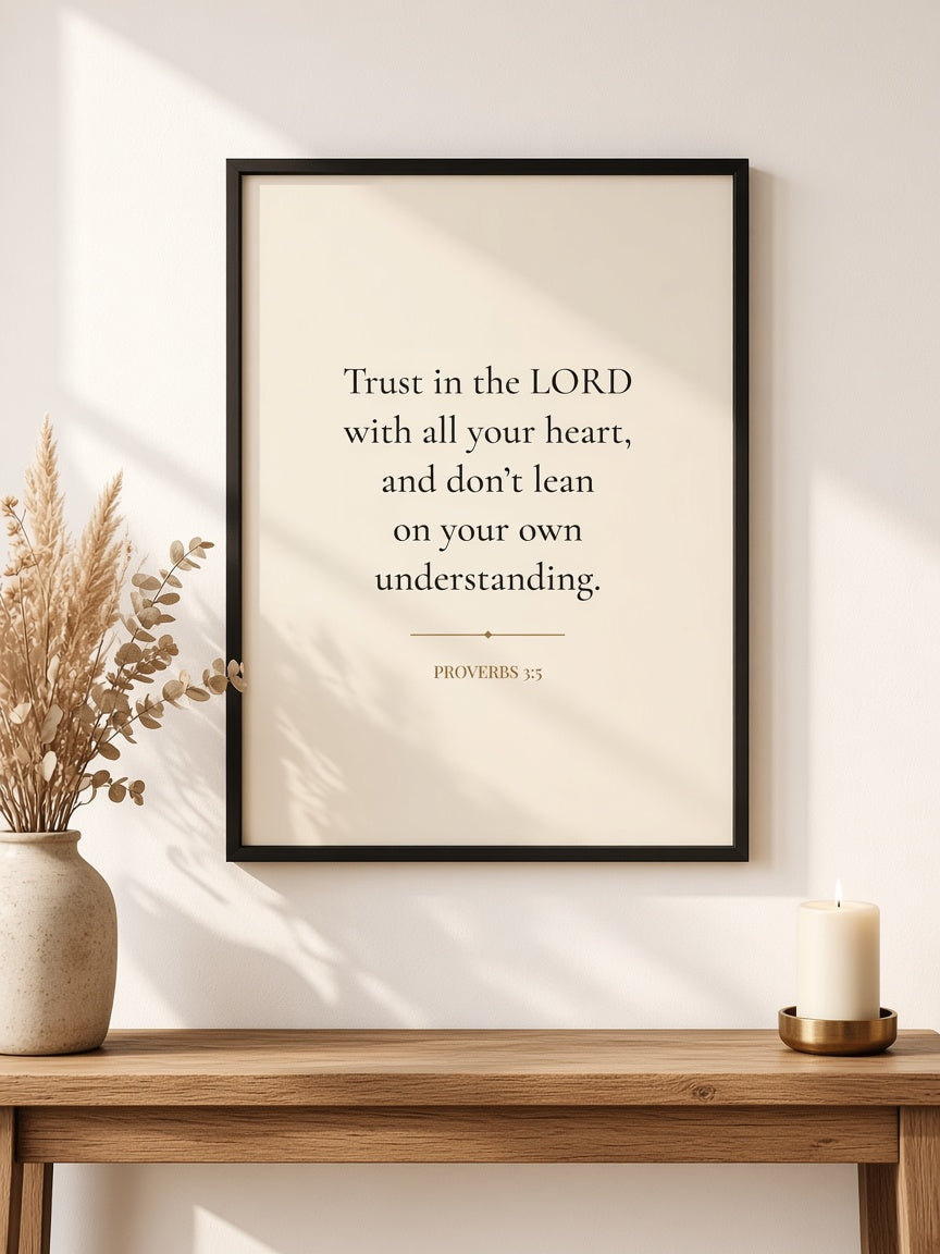 Proverbs 3:5 Bible verse print in a black frame above an entryway table
