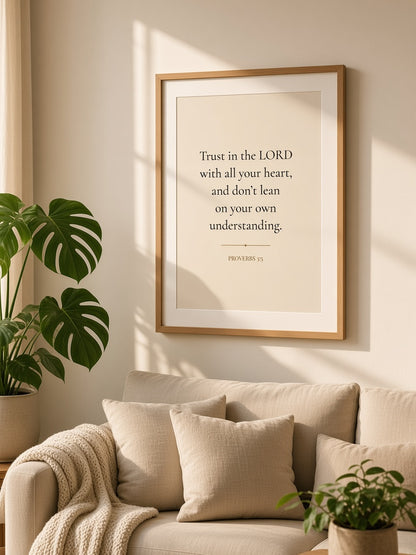 Proverbs 3:5 Trust in the LORD wall art framed above a cozy living room sofa