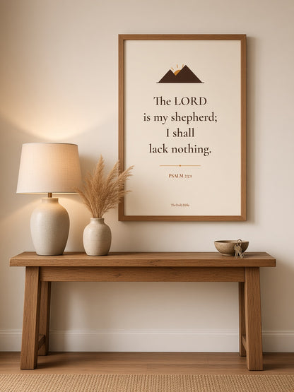 Psalm 23:1 Bible verse print in an oak frame above an entryway table