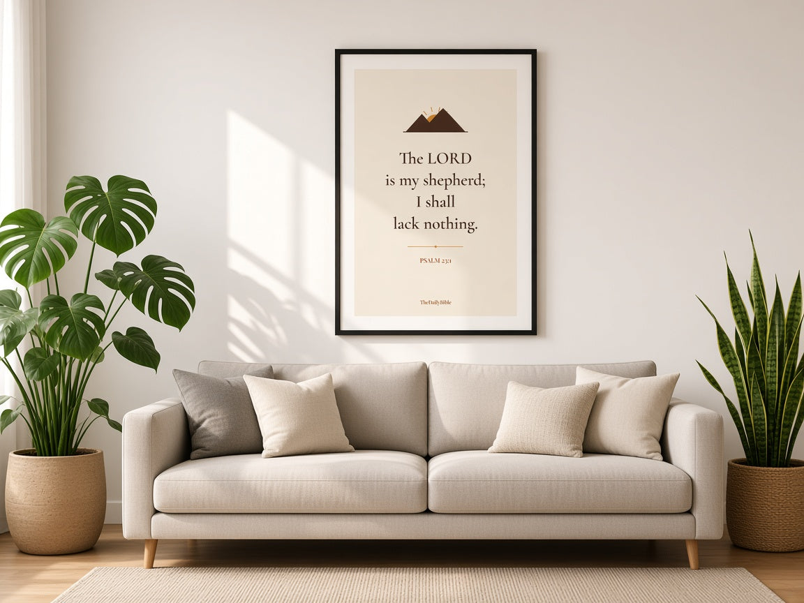 Psalm 23:1 The LORD Is My Shepherd wall art framed above a living room sofa